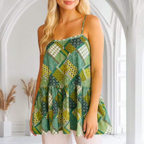 Natural Life Green Patchwork Boho Cami Top Tiered Tank Rayon L Hippie Cottage - Picture 1 of 6
